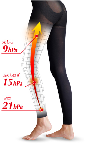 足首 21hPa,ふくらはぎ 15hPa,太もも 9hPa